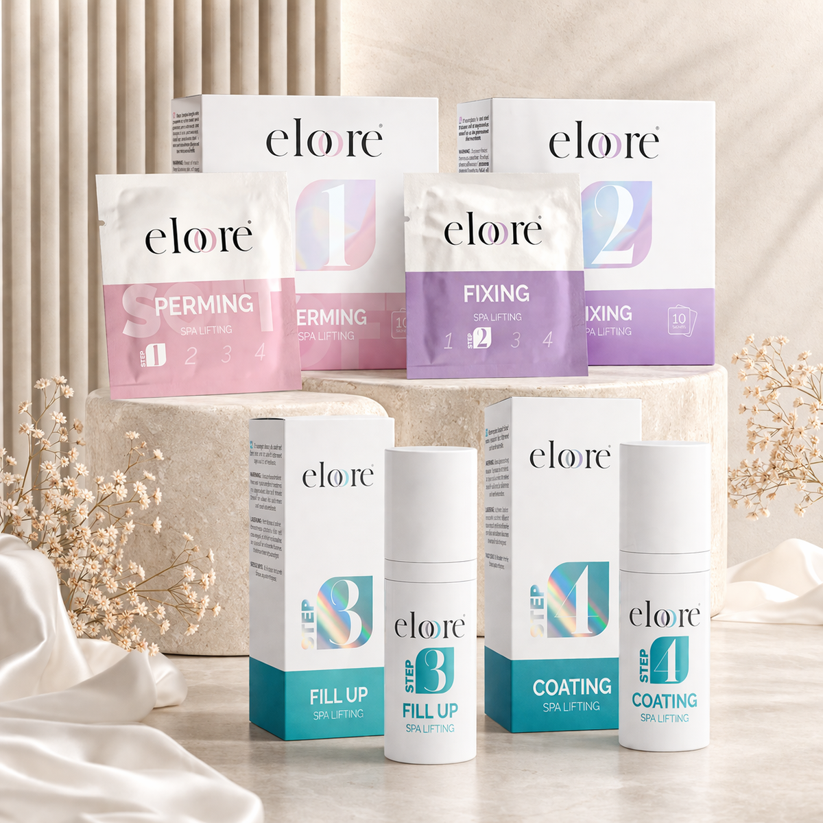 eloore® Cysteamine Lifting Set – SOFT – Step 1+2 Sachets / Step 3+4 Airless – Lash & Brow Lifting System