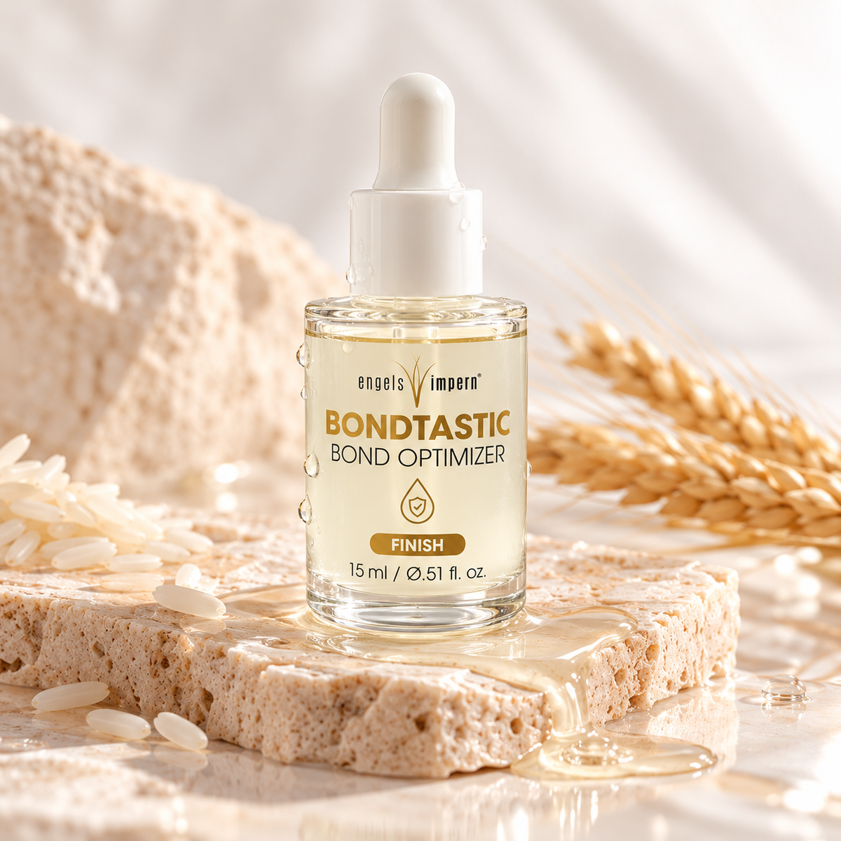 EngelsWimpern BONDTASTIC, 15 ml, auf einem hellen Natursteinpodest, umgeben von Weizenähren, Reiskörnern und dekorativen Flüssigkeitstropfen.
