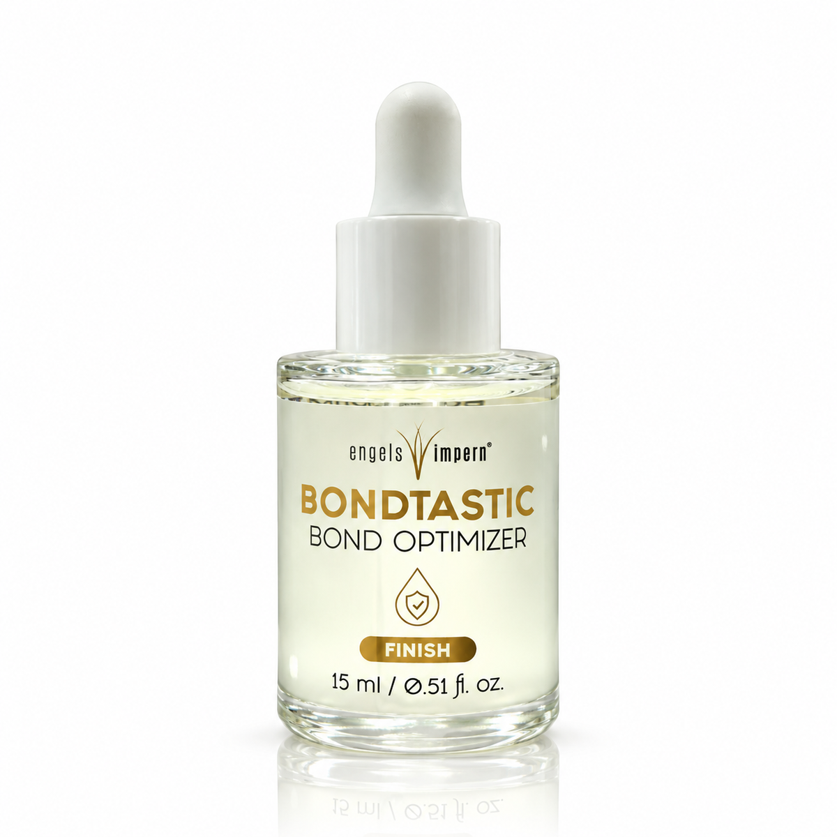EngelsWimpern BONDTASTIC 4in1 Superbonder, 15 ml, in transparenter Glasflasche mit weißer Pipettenkappe vor weißem Hintergrund mit dezenter Spiegelung.