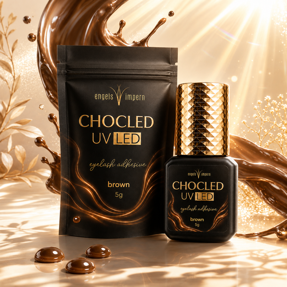 EngelsWimpern CHOCLED UV LED Wimpernkleber braun 5 g mit schwarzer Verpackung und goldener Verschlusskappe für professionelle Wimpernverlängerung
