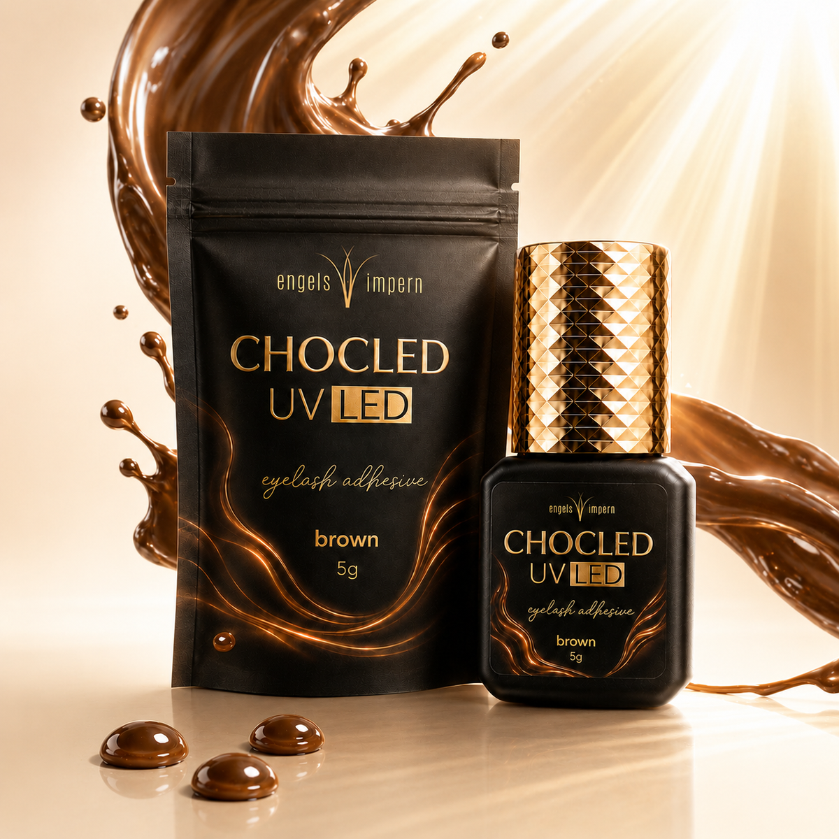 EngelsWimpern CHOCLED UV LED Wimpernkleber braun 5 g mit Verpackung vor hellem goldbraunem Hintergrund