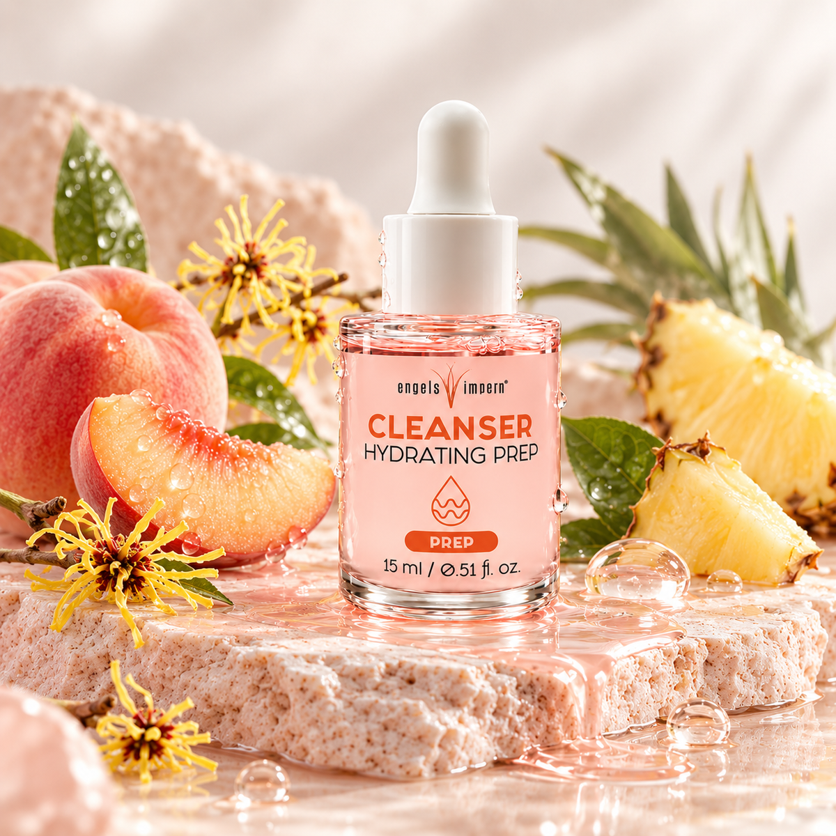 EngelsWimpern CLEANSER Hydrating Prep, 15 ml, auf hellem Naturstein, umgeben von Pfirsich, Ananasstücken, gelben Blüten und dekorativen Flüssigkeitstropfen.