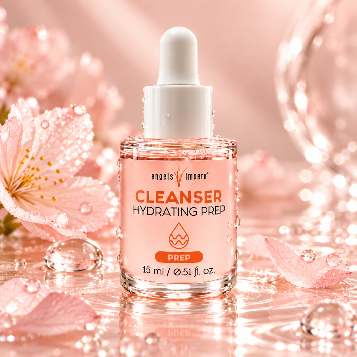 CLEANSER Hydrating Prep von EngelsWimpern, 15 ml, auf einer spiegelnden Fläche mit rosa Blüten, Blütenblättern und Flüssigkeitstropfen vor rosafarbenem Hintergrund.