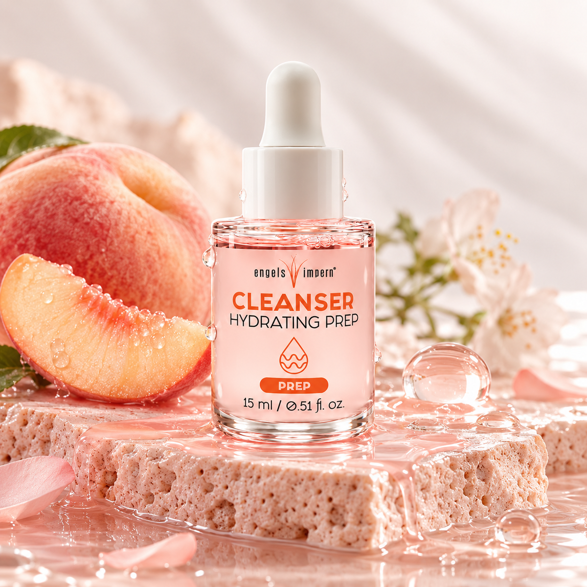 EngelsWimpern CLEANSER mit Pfirsichduft, 15 ml, auf einem hellen Steinpodest neben einem Pfirsich und einer Pfirsichspalte, mit hellen Blüten und dekorativen Tropfen.