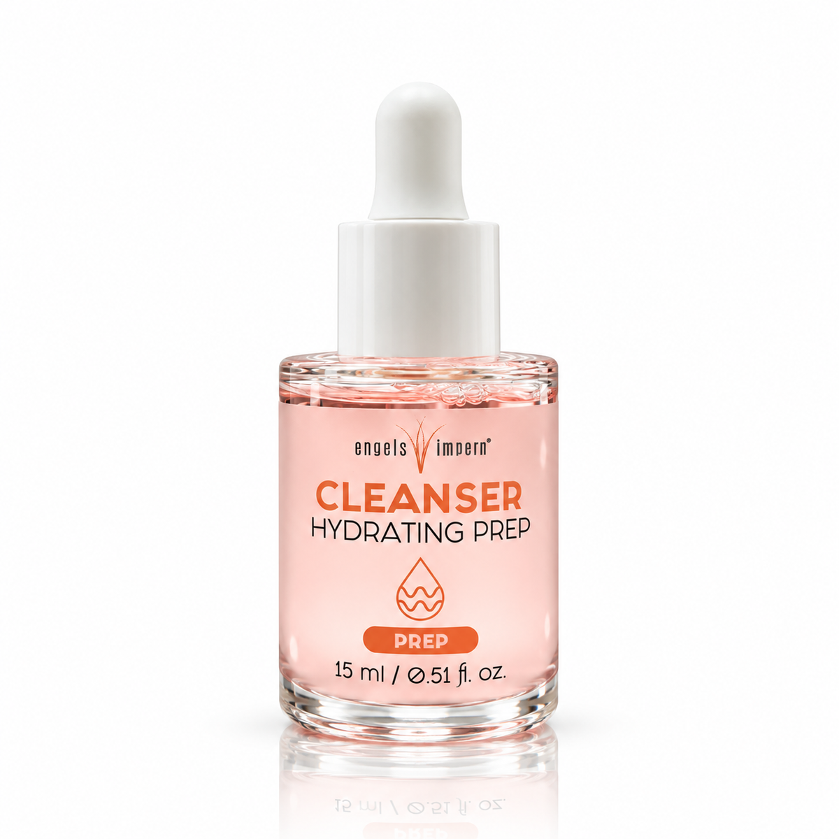 EngelsWimpern CLEANSER Hydrating Prep mit Pfirsichduft, 15 ml, in einer Glasflasche mit rosafarbenem Liquid und weißer Pipettenkappe vor weißem Hintergrund.