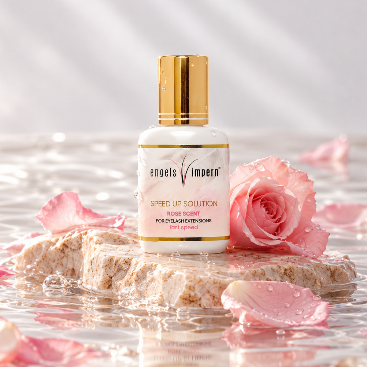 EngelsWimpern Speed Up Solution Kleberbeschleuniger, 15 ml, auf einem hellen Steinpodest neben einer rosa Rose, umgeben von Rosenblättern auf einer Wasserfläche.