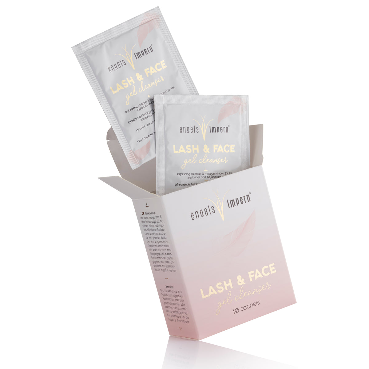 Geöffnete weiß-rosafarbene EngelsWimpern Lash & Face Gel Cleanser Verpackungsbox mit mehreren herausragenden Sachets vor weißem Hintergrund.