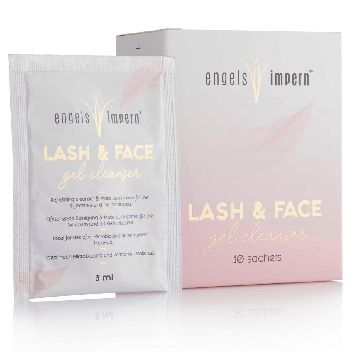 EngelsWimpern Lash & Face Gel Cleanser im 10er-Set, mit einem 3-ml-Sachet vor der weiß-rosafarbenen Verpackungsbox auf weißem Hintergrund.